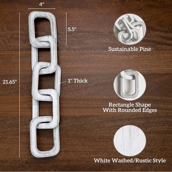 New Large Rustic Wood Chain Link Decor White Washed Pine - Picture 3 of 5